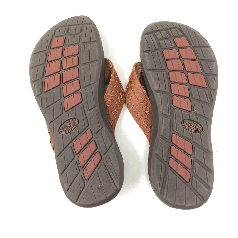 Chaco Mens 9 Sandals Brown Leather Woven Thong Jackson Flip Flops